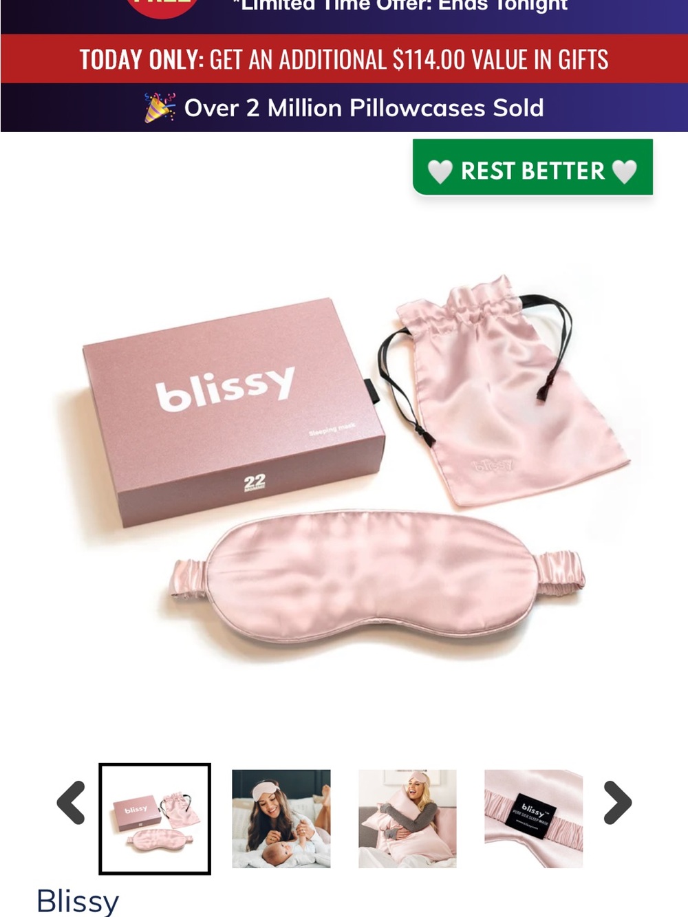 Blissy 100% Mulberry Silk Sleep Mask & Drawstring Pouch Set - Pink